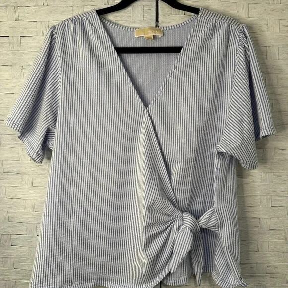Michael Kors Blue And White Striped Cross-Front Top With Tie coastal grammar - Picture 1 of 8